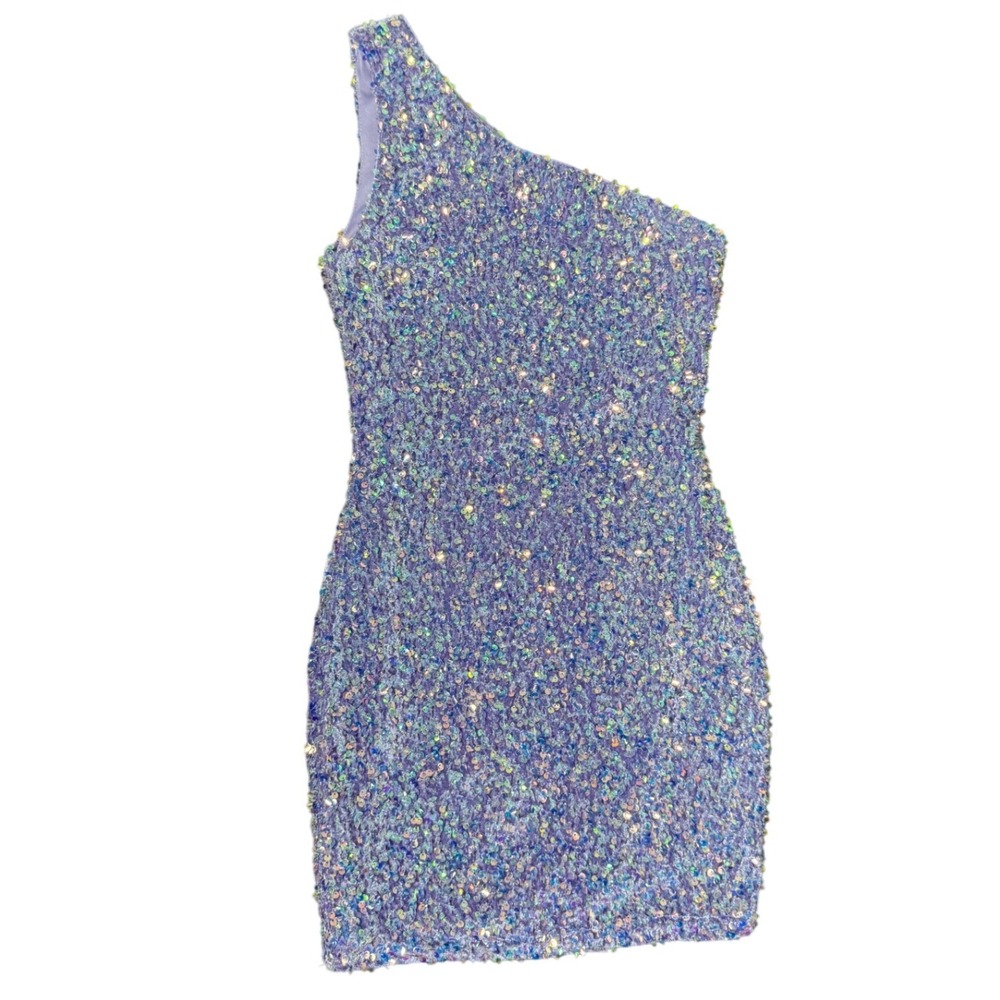 VELVI One Shoulder Sequin Mini Dress XS Purple Excellent Iridescent Bodycon